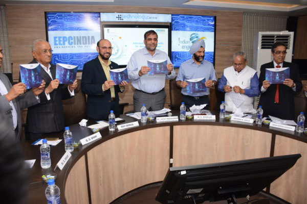 EEPC India Hand Book on Technology Centre launched by Dr Anup Wadhawan, Commerce Secretary, MOC&I, GOI (4th from right); Mr B S Bhalla, Additional Secretary, DOC, MOC&I, GOI (is to his left); Mr Ravi Sehgal, Chairman, EEPC India (is to his right). Mr. G D Shah, Past Chairman, EEPC India (to the right of Mr Sehgal); Mr M C Shah, Past Chairman, EEPC India (far left). Mr Mahesh K Desai, Sr Vice Chairman, EEPC India (2nd from right); Mr Arun Kumar Garodia, Vice Chairman, EEPC India (to the left of Mr Desai).